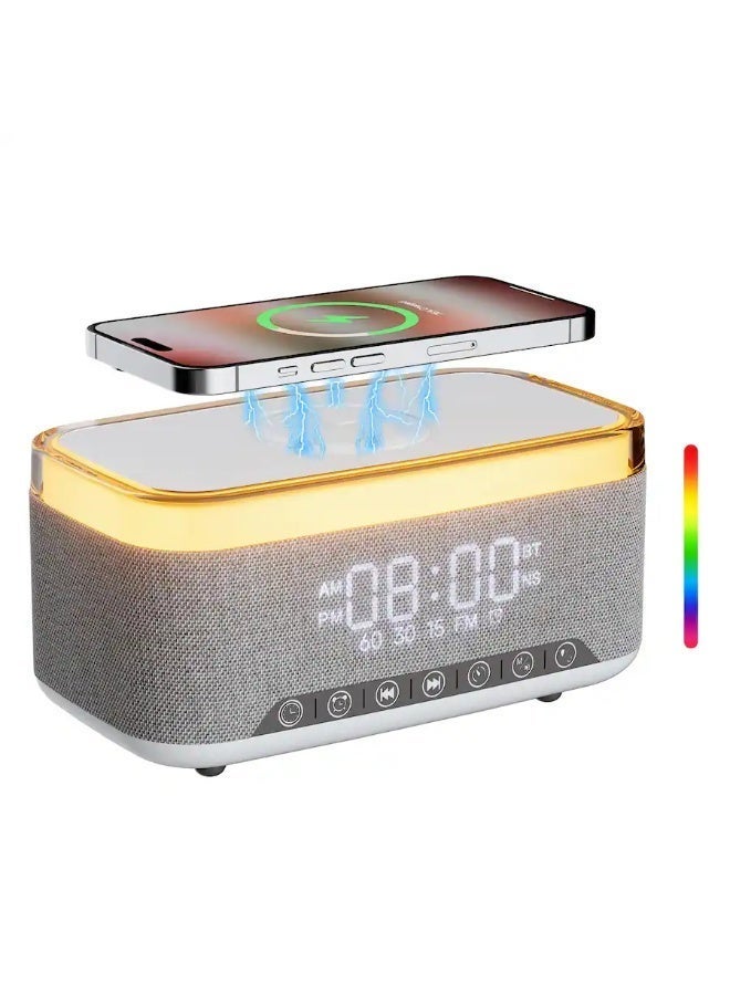 The all-in-one bed companion device includes a wireless charger, exceptional speaker, clock, alarm, and colorful LED lighting. - Image 1